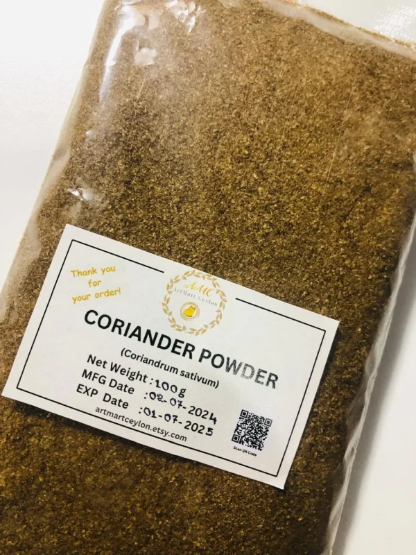 Branded, clearly labeled bag of 100% pure coriander powder, highlighting its quality and origin.
