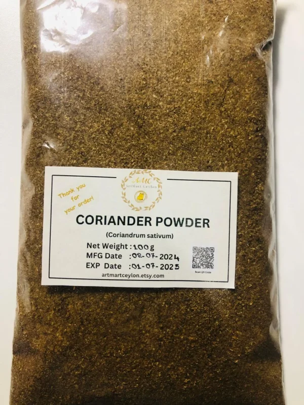 Close-up of finely ground, light brown coriander powder, showing its consistent, earthy texture.