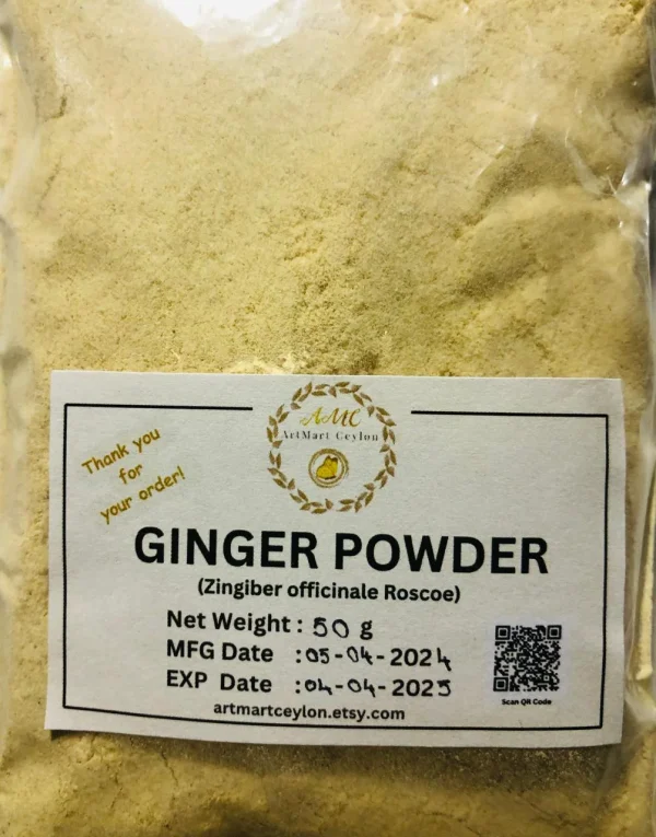 Branded, clearly labeled bag of 100% pure organic ginger powder, highlighting its quality and Sri Lankan origin.