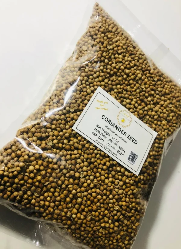 Branded, clearly labeled bag of premium whole coriander seeds, indicating its natural purity and origin.