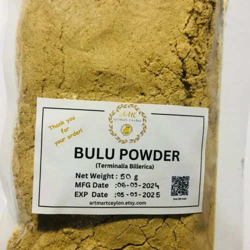 Close-up of finely ground, light brown to greenish-brown Bulu Powder, showing its consistent texture.
