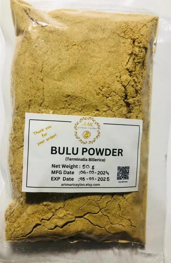 Close-up of finely ground, light brown to greenish-brown Bulu Powder, showing its consistent texture.