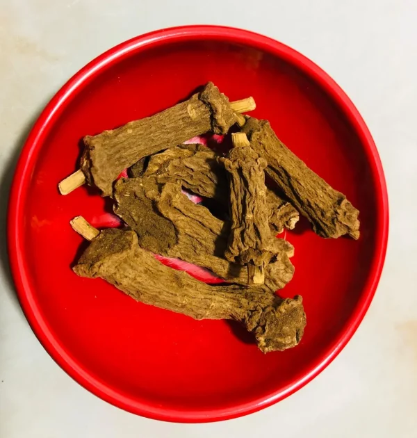 Close-up of dried, reddish-brown Iramusu (Hemidesmus indicus) roots or stem pieces, showing their distinctive texture and aromatic qualities.