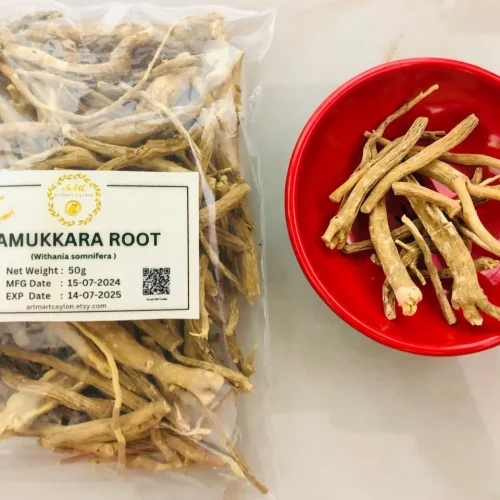 Close-up of fibrous, light brown, dried Ashwagandha roots (Withania somnifera), showing their natural, gnarly texture.