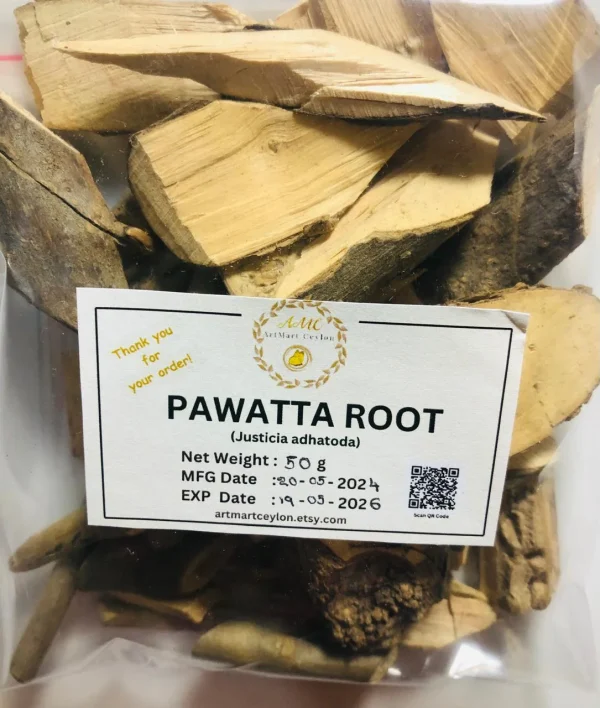 Branded, clearly labeled bag of 100% pure Pawatta Root (Pavetta indica), indicating organic sourcing from Sri Lanka.