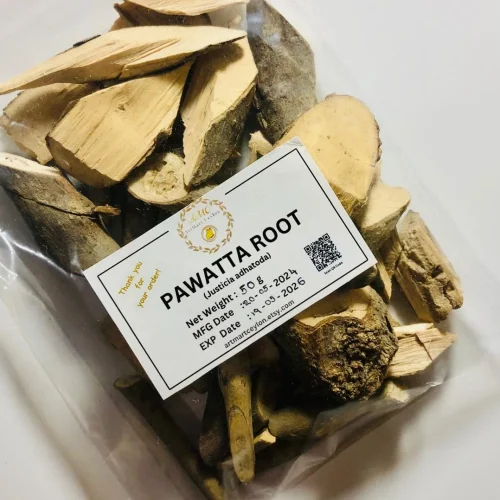 Close-up of dried, gnarled Pawatta Root (Pavetta indica) pieces, showing their natural texture and earthy color.