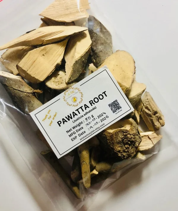 Close-up of dried, gnarled Pawatta Root (Pavetta indica) pieces, showing their natural texture and earthy color.