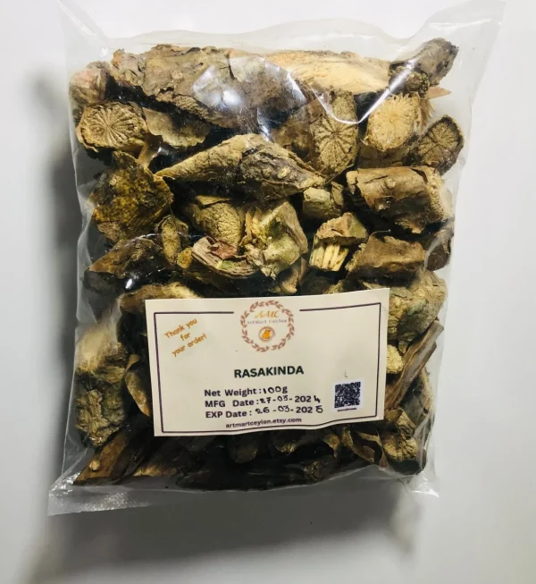 Close-up of dried, gnarled Rasakinda Root (Tinospora cordifolia) pieces, showing their fibrous texture and earthy color.