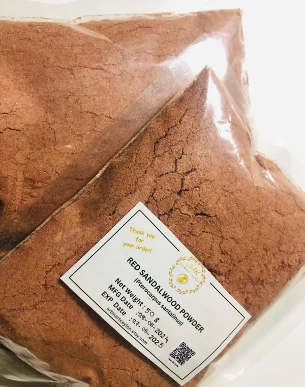 Pure Red Sandalwood Powder Natural Skincare & Ayurvedic Herb (Rakta Chandan) (2) Branded bag of 100% pure Red Sandalwood Powder (Rakta Chandan), clearly labeled and indicating its origin.