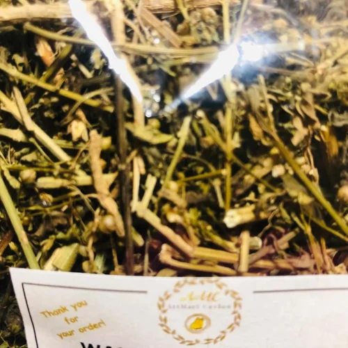 Close-up of dried Wal Koththamalli (Scoparia dulcis) herb, showing its small leaves, slender stems, and tiny seed pods.