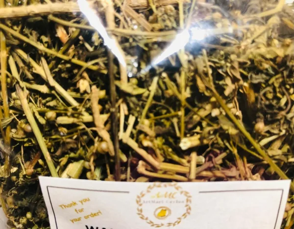 Close-up of dried Wal Koththamalli (Scoparia dulcis) herb, showing its small leaves, slender stems, and tiny seed pods.