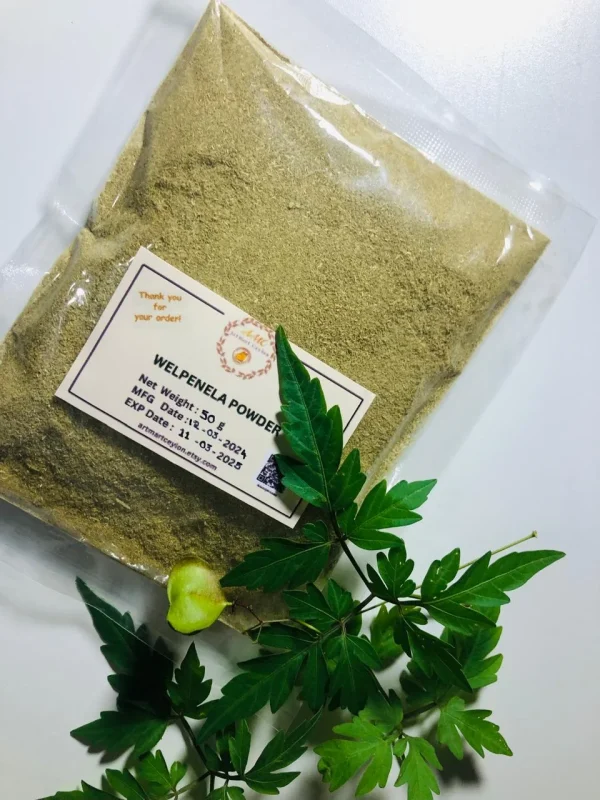 Branded, clearly labeled bag or jar of 100% pure Welpenela Powder (Cardiospermum halicacabum), indicating organic sourcing from Sri Lanka.
