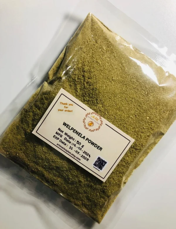 Welpenela Powder being mixed with a liquid to form a paste for topical application, or stirred into a glass of water for internal use.