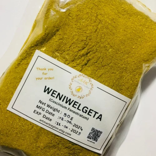 Close-up of finely ground, golden-yellow Wenivelgeta Powder, showing its earthy texture and vibrant color.