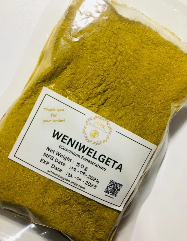 Close-up of finely ground, golden-yellow Wenivelgeta Powder, showing its earthy texture and vibrant color.