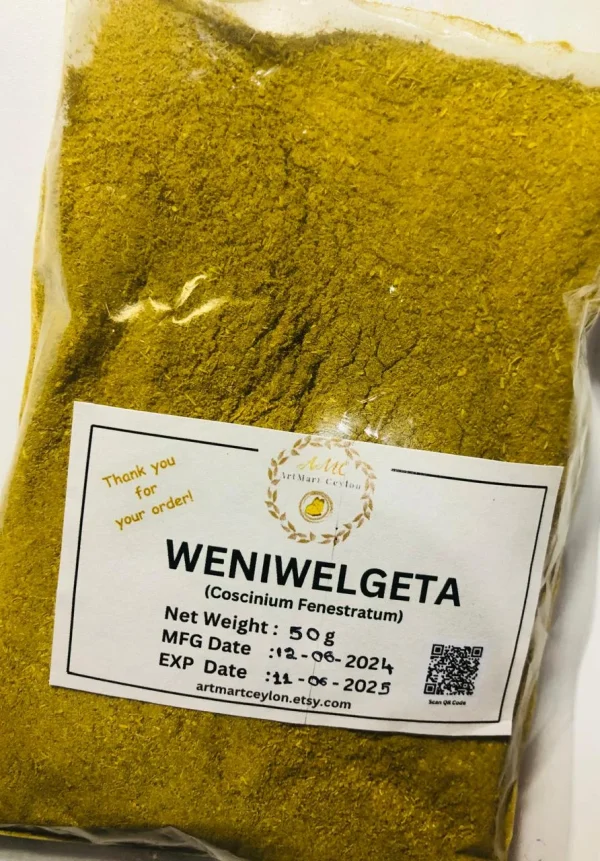 Branded, clearly labeled bag of 100% pure Wenivelgeta Powder (Tree Turmeric), indicating organic sourcing from Sri Lanka.