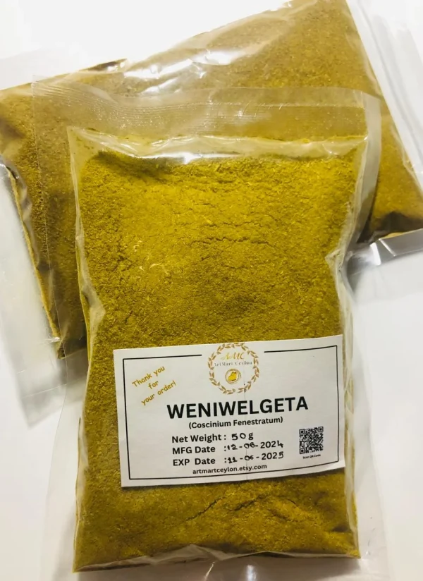 Dried slices of Wenivelgeta (Tree Turmeric) stem/root next to a pile of finely ground Wenivelgeta powder.