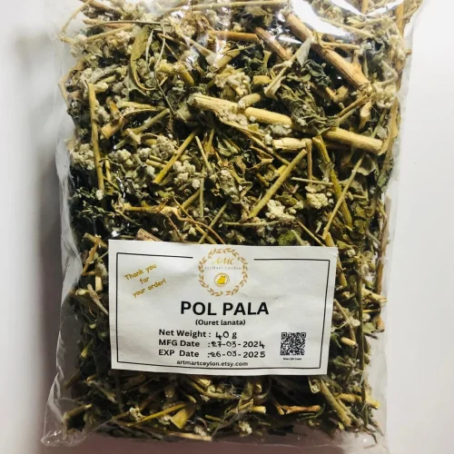 Close-up of dried whole Polpala (Aerva lanata) herb, showing its intricate stems, leaves, and tiny flowers.