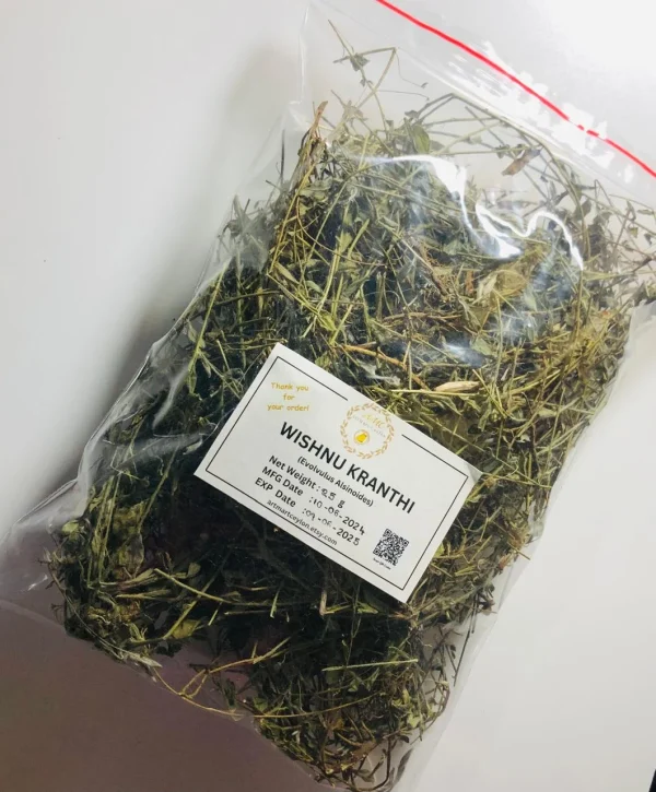 Branded, clearly labeled bag of 100% pure Wishnu Kranthi (Evolvulus alsinoides herb), indicating organic sourcing from Sri Lanka.