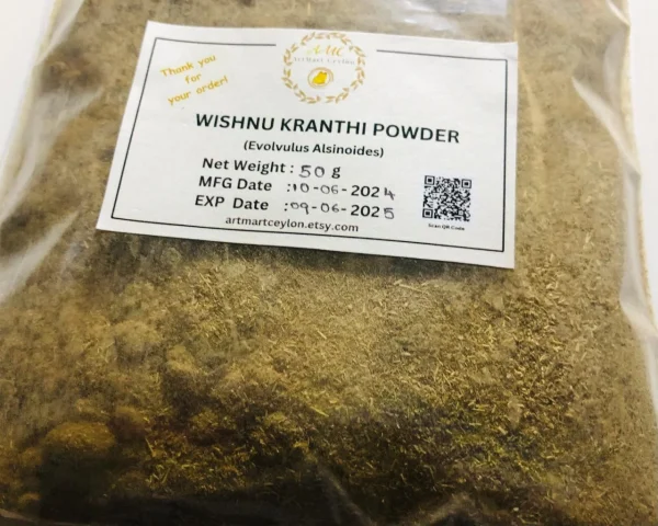 Branded, clearly labeled bag or jar of 100% pure Wishnu Kranthi Powder (Evolvulus alsinoides), indicating organic sourcing from Sri Lanka.