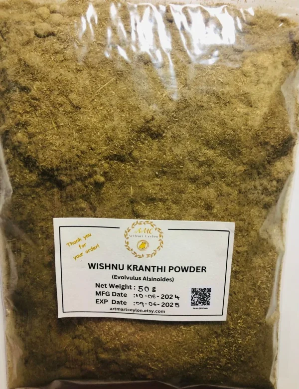 Close-up of finely ground, light green to earthy brown Wishnu Kranthi powder, showing its consistent texture.